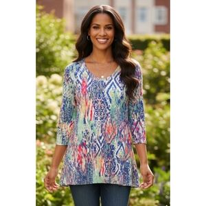 Casual Express 3/4 Sleeve Asymmetrical Colorful Tunic top Multicolor Size L